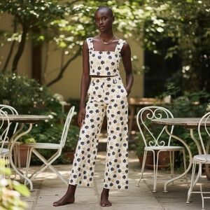 Zara Marine Straight Floral Crop Top & Jeans Set Wide Leg High-Rise Pants Sz S/4